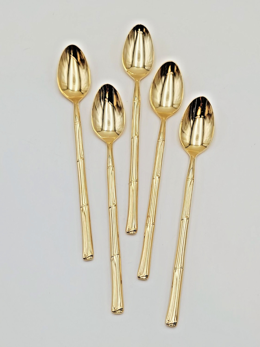 Set 5 National Escapade Iced Tea Spoon Gold Plated Bamboo Style Handle